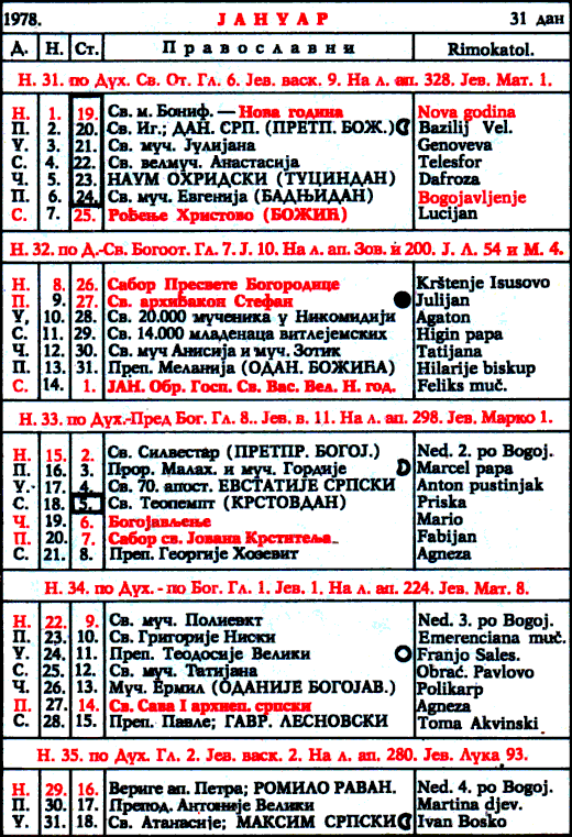 Pravoslavni kalendar  za januar 1978