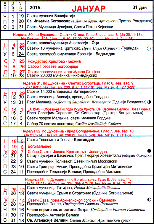 Pravoslavni kalendar  za januar 2015
