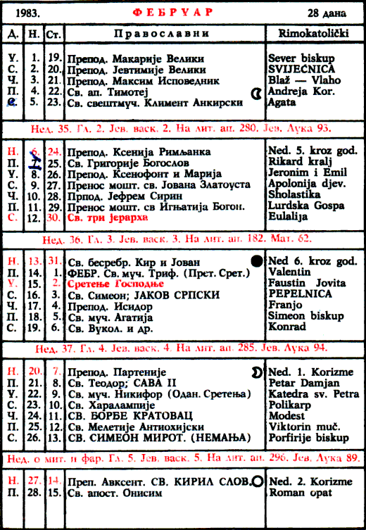 Pravoslavni kalendar  za februar 1983
