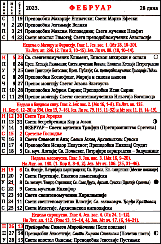 Pravoslavni kalendar  za februar 2023
