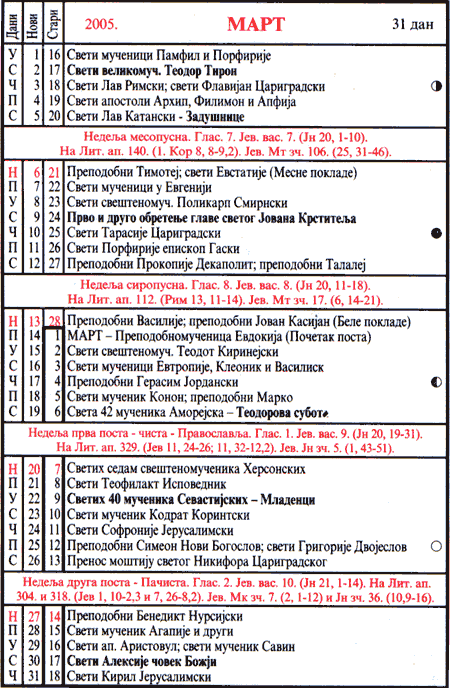 Pravoslavni kalendar  za mart 2005