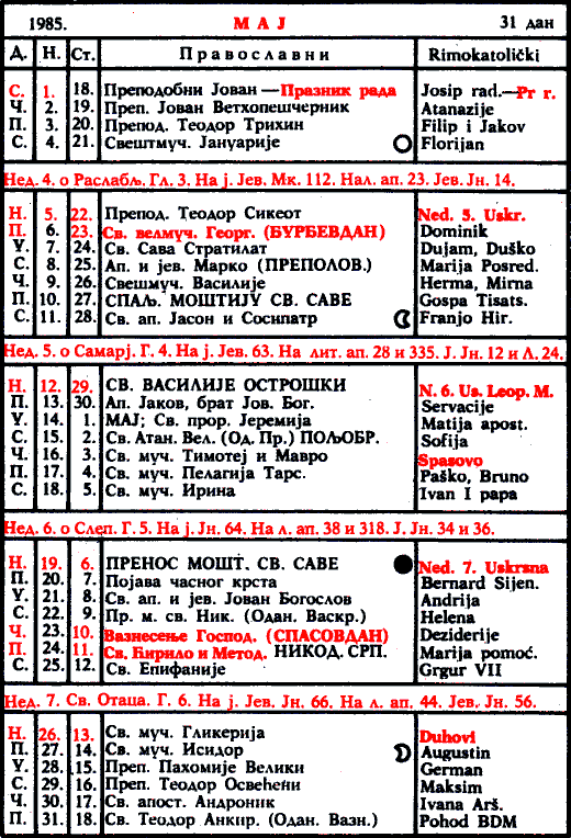 Pravoslavni kalendar  za maj 1985