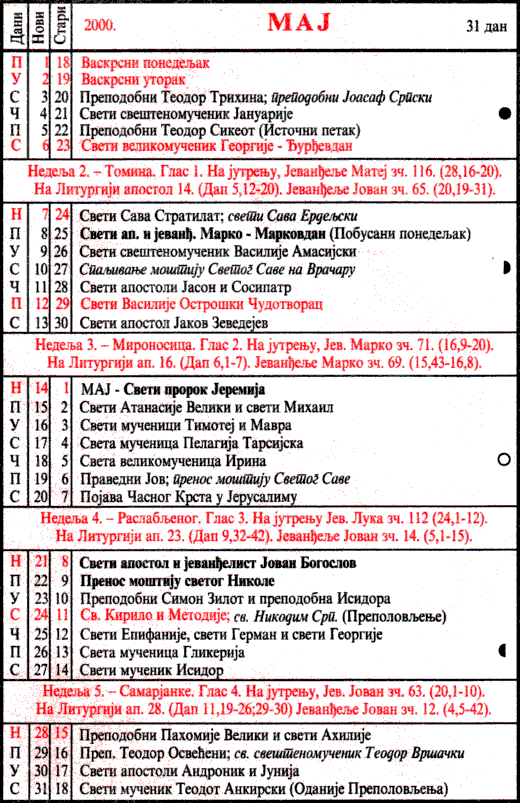 Pravoslavni kalendar  za maj 2000