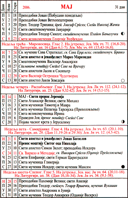 Pravoslavni kalendar  za maj 2006