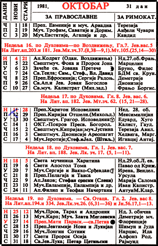 Pravoslavni kalendar  za oktobar 1981
