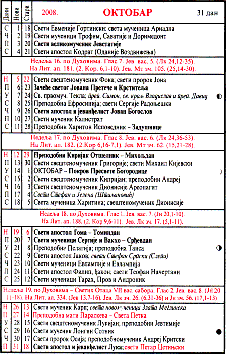 Pravoslavni kalendar  za oktobar 2008