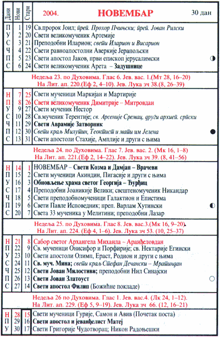 Pravoslavni kalendar  za novembar 2004