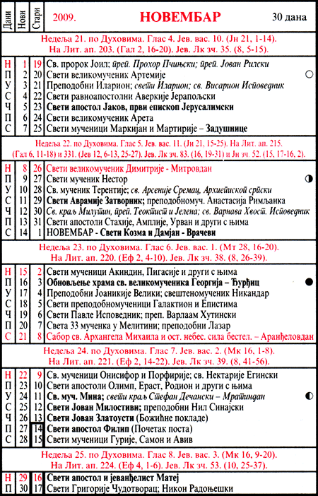 Pravoslavni kalendar  za novembar 2009