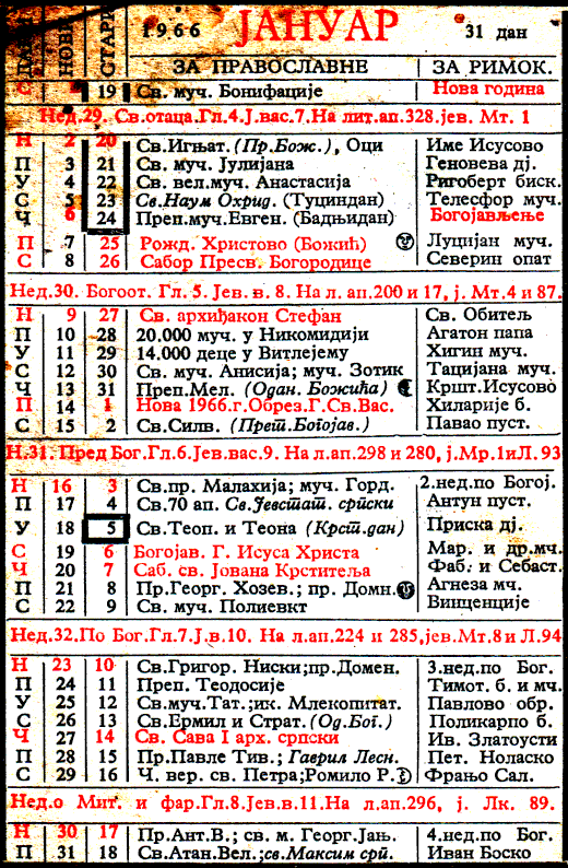 Pravoslavni kalendar  za januar 1966