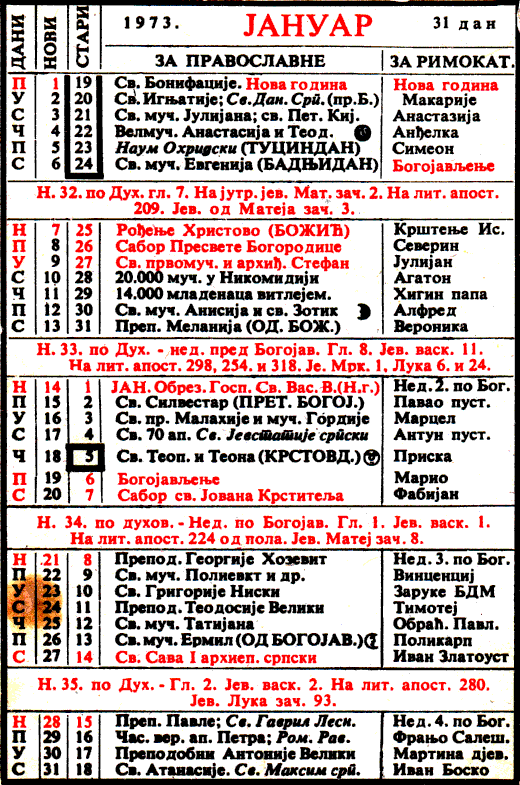 Pravoslavni kalendar  za januar 1973