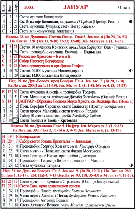 Pravoslavni kalendar  za januar 2003