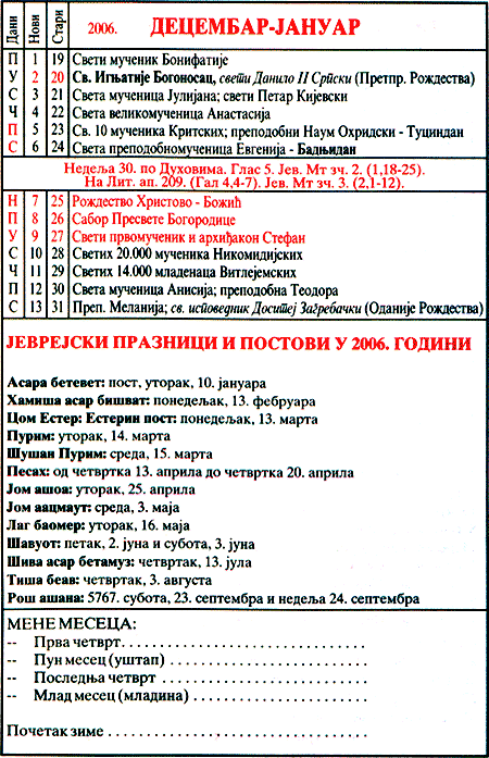 Pravoslavni kalendar  za januar 2007
