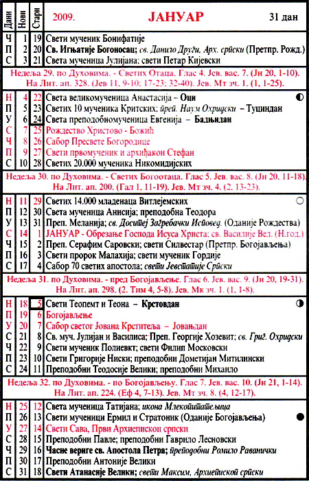 Pravoslavni kalendar  za januar 2009