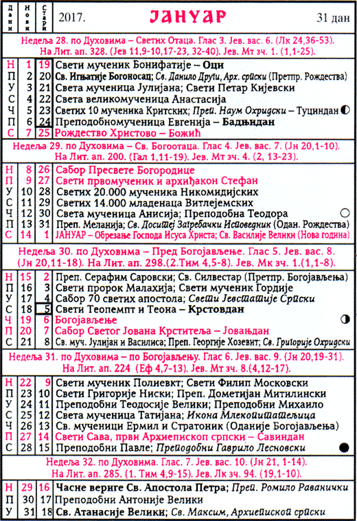 Pravoslavni kalendar  za januar 2017