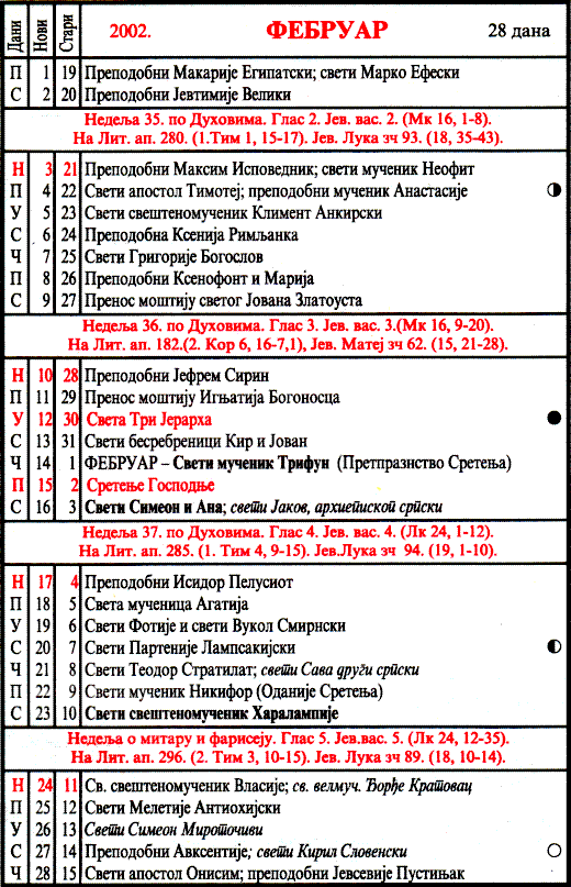 Pravoslavni kalendar  za februar 2002