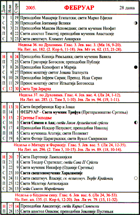 Pravoslavni kalendar  za februar 2005