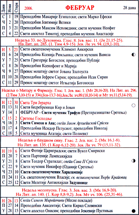 Pravoslavni kalendar  za februar 2006