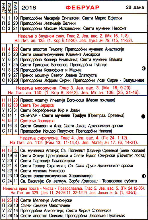 Pravoslavni kalendar  za februar 2018