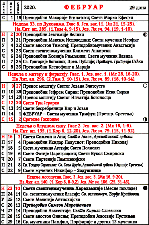 Pravoslavni kalendar  za februar 2020
