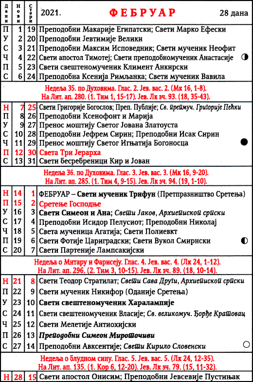 Pravoslavni kalendar  za februar 2021