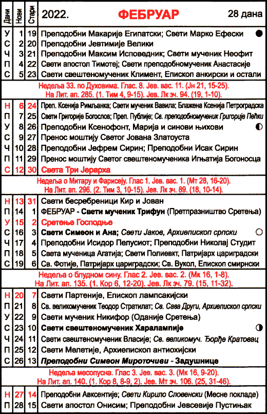 Pravoslavni kalendar  za februar 2022