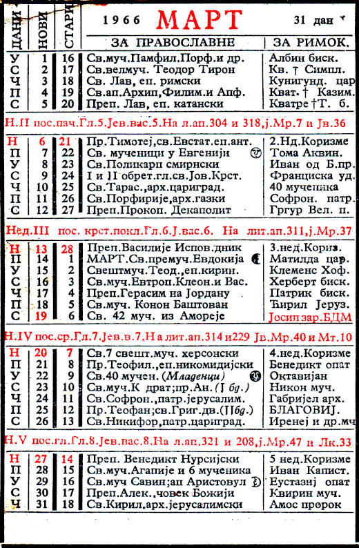 Pravoslavni kalendar  za mart 1966