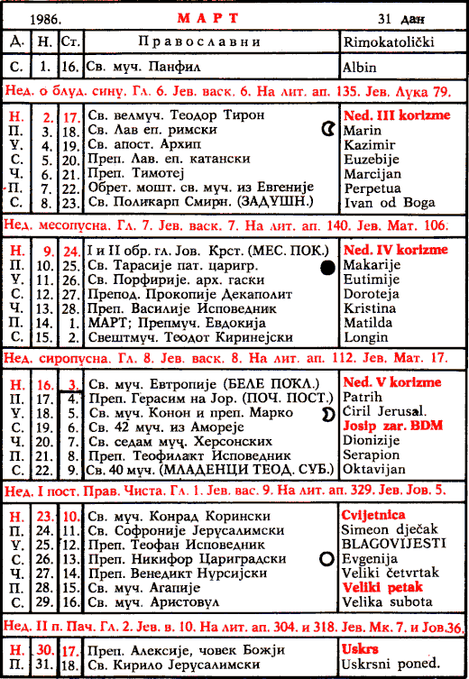 Pravoslavni kalendar  za mart 1986