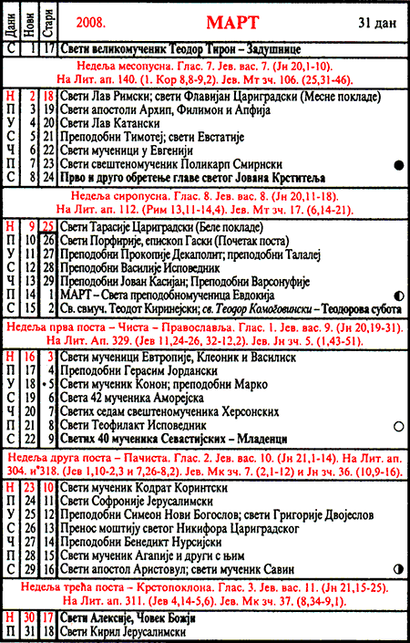 Pravoslavni kalendar  za mart 2008