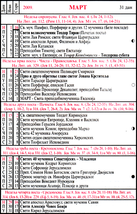 Pravoslavni kalendar  za mart 2009