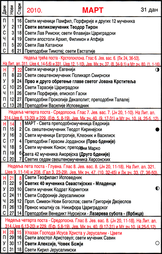 Pravoslavni kalendar  za mart 2010