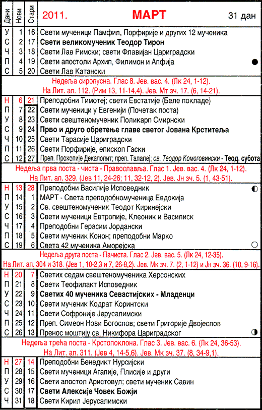 Pravoslavni kalendar  za mart 2011