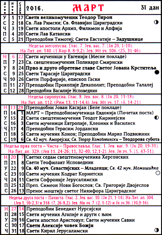 Pravoslavni kalendar  za mart 2016