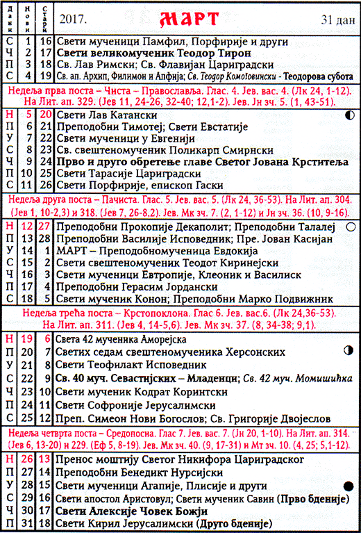 Pravoslavni kalendar  za mart 2017