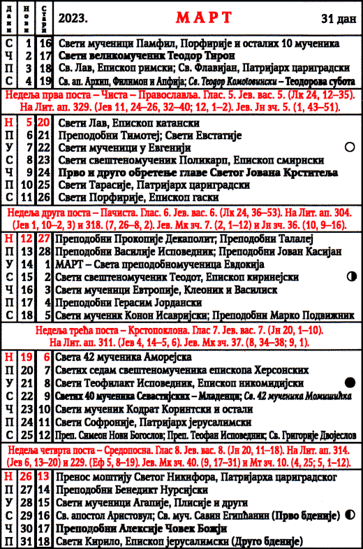 Pravoslavni kalendar  za mart 2023