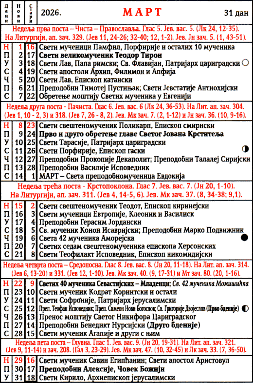 Pravoslavni kalendar  za mart 2026