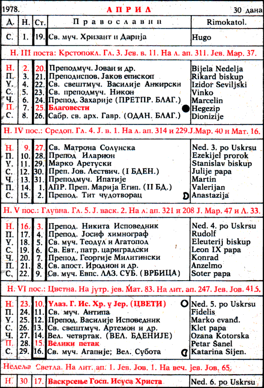 Pravoslavni kalendar  za april 1978