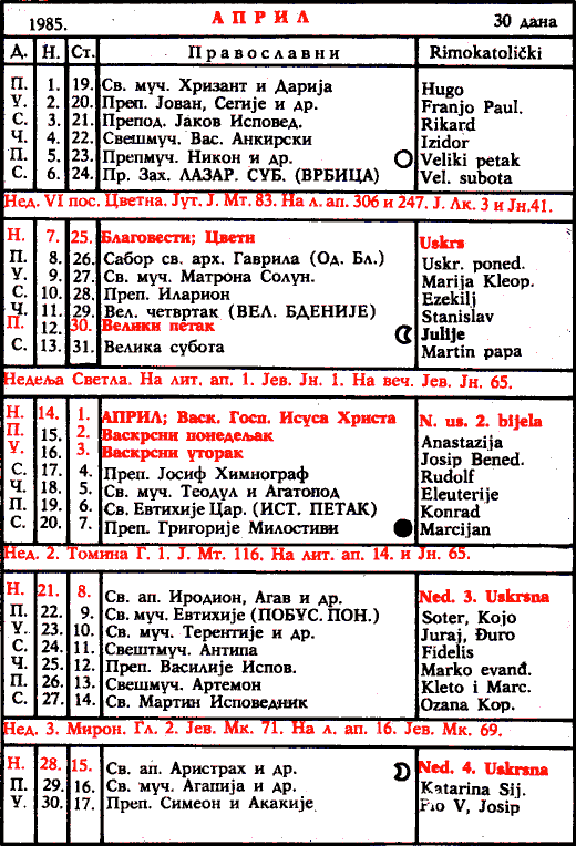 Pravoslavni kalendar  za april 1985