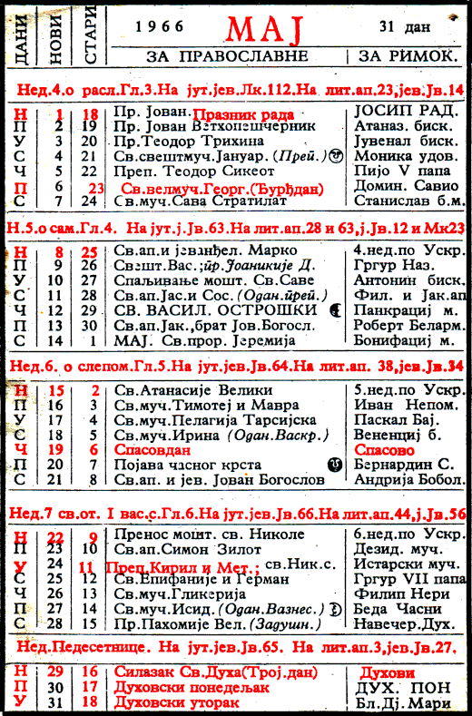 Pravoslavni kalendar  za maj 1966
