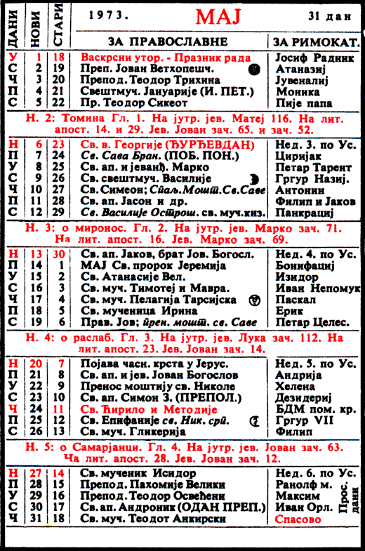 Pravoslavni kalendar  za maj 1973