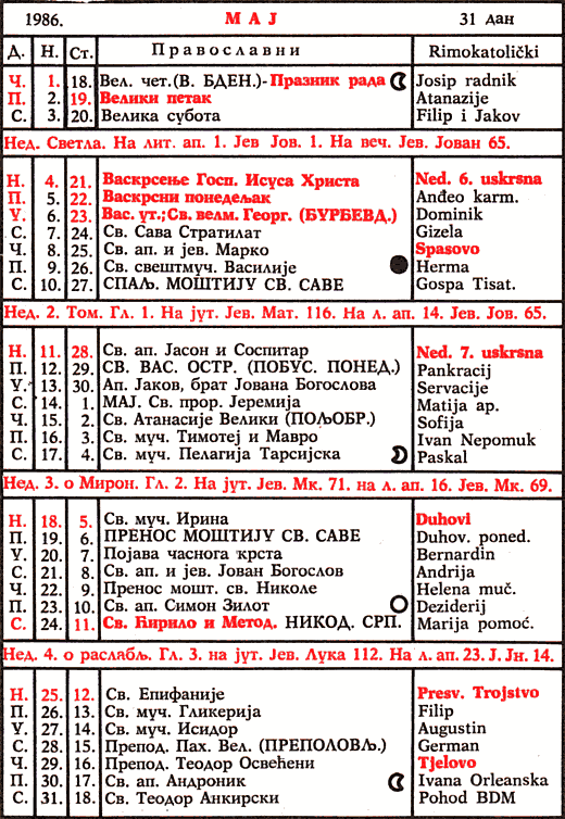 Pravoslavni kalendar  za maj 1986