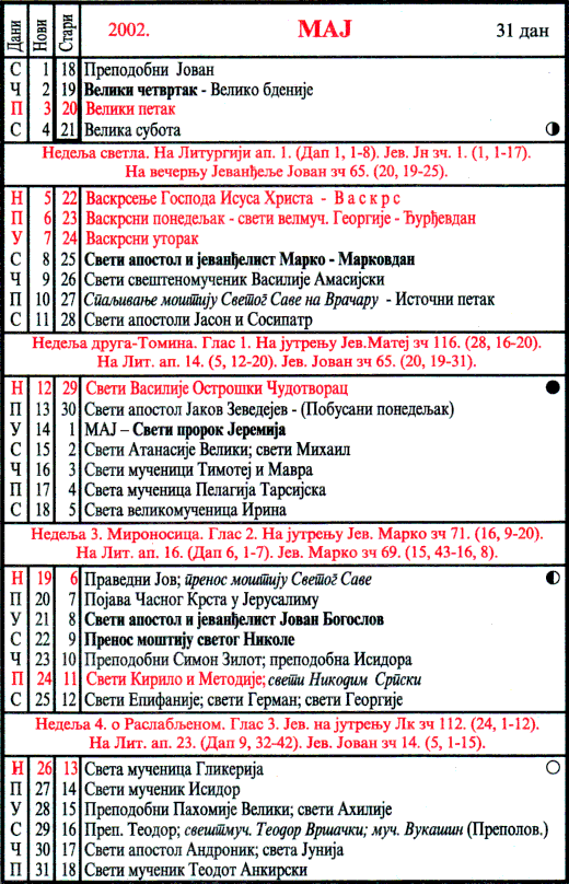 Pravoslavni kalendar  za maj 2002