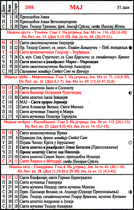 Pravoslavni kalendar  za maj 2008