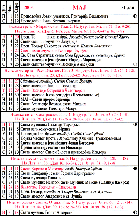 Pravoslavni kalendar  za maj 2009