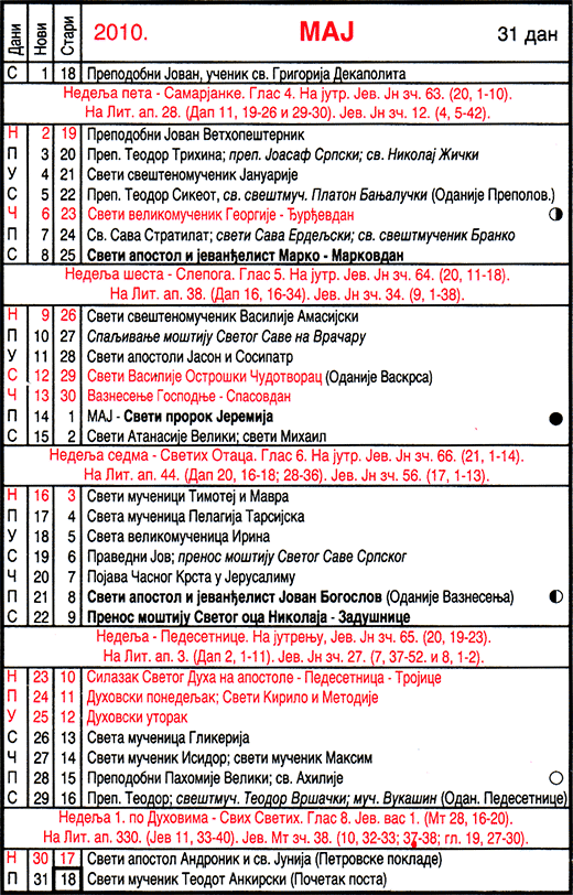 Pravoslavni kalendar  za maj 2010