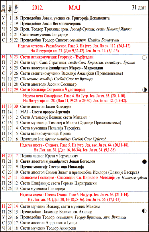 Pravoslavni kalendar  za maj 2012