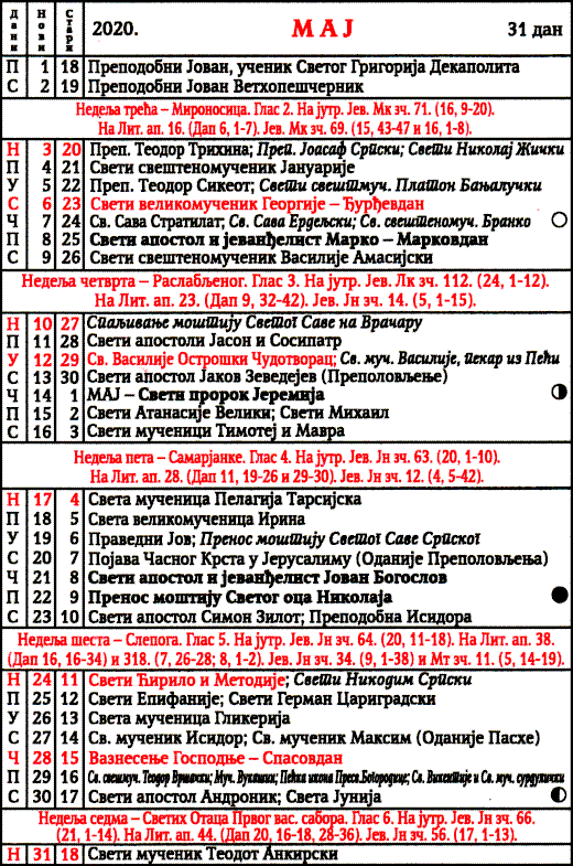 Pravoslavni kalendar  za maj 2020