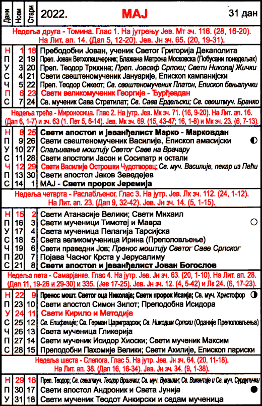 Pravoslavni kalendar  za maj 2022