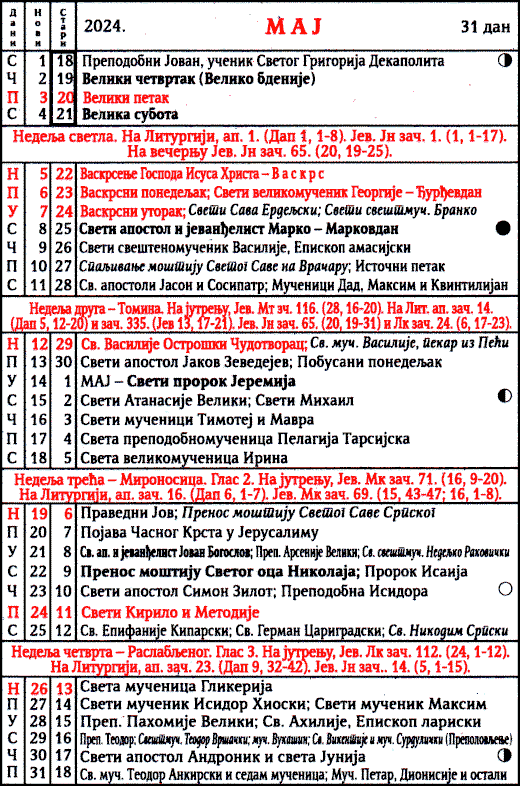 Pravoslavni kalendar  za maj 2024