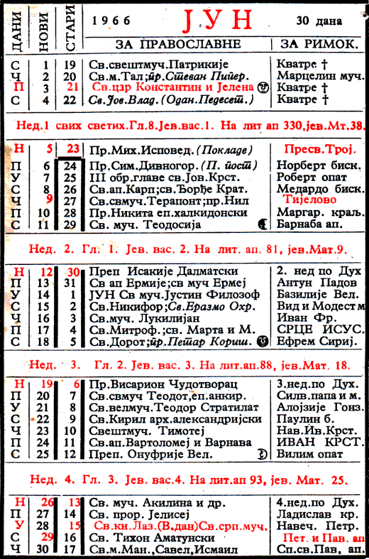 Pravoslavni kalendar  za jun 1966