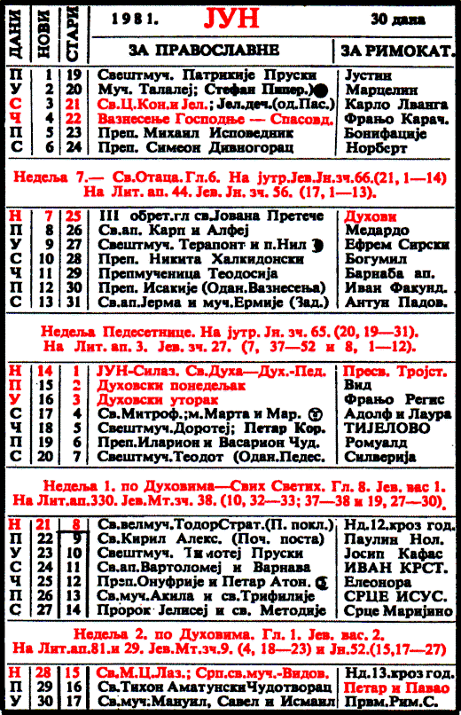 Pravoslavni kalendar  za jun 1981